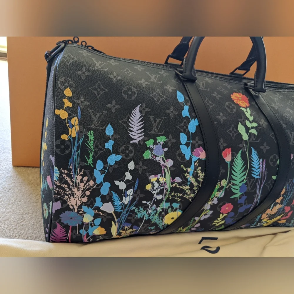 Louis Vuitton Monogram Eclipse Foliage Keepall Bandouliere 50